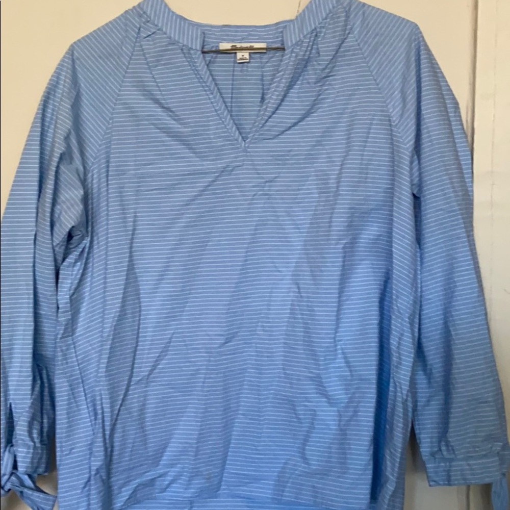 Madewell blue and white shirt with tie sleeves